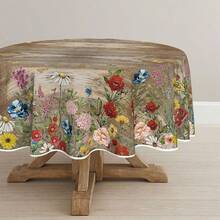 Spring Tablecloth 70*70 Inch Round, Flowers Brown Wood Grain Washable Seasonal Table Cover Party Picnic Dinner Decor - 70" (Round) + Brown - View 1