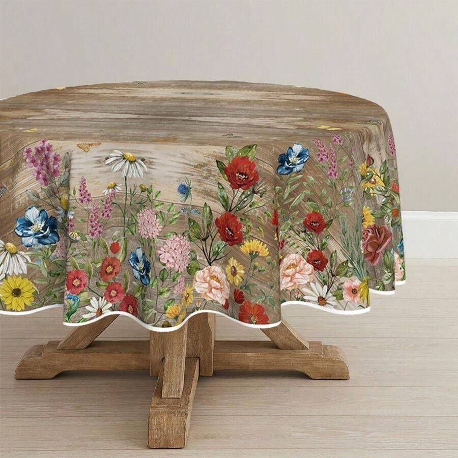 Spring Tablecloth 70*70 Inch Round, Flowers Brown Wood Grain Washable Seasonal Table Cover Party Picnic Dinner Decor - 70" (Round) + Brown - View 1