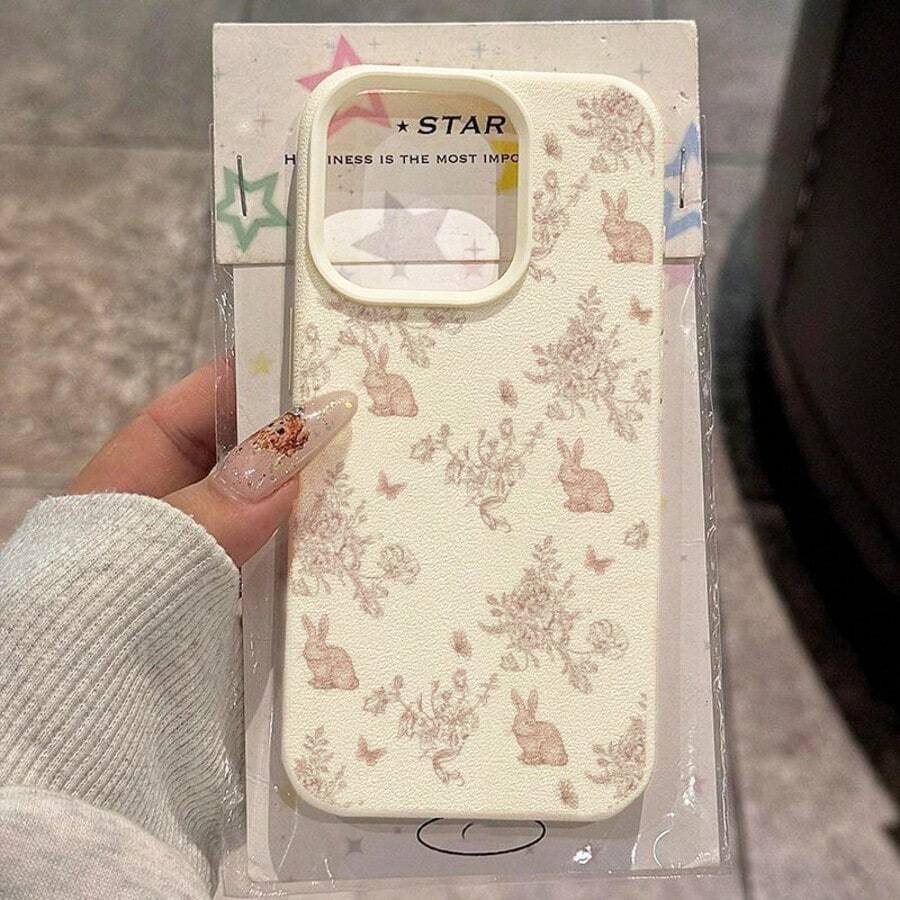 1pc TPU Material Spring Butterfly & Rabbit Pattern Phone Case Compatible With IPhone 17 Pro Max/17/16 Pro Max/15/13/12/11, S20 FE/A15/S24/A55, Note 11/12/13 Pro, Full Coverage Anti-Drop Soft Protective Phone Cover - White - View 1