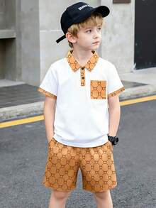 Set de 2 piese, stil preppy, pentru băieți preadolescenti, tricou polo caramel cu blocuri de culoare + pantaloni scurți cu imprimeu floral integral, ținută luxoasă pentru școală, ieșiri în oraș, vacanță, set confortabil, asortat - Kaki - Vizualizare 5