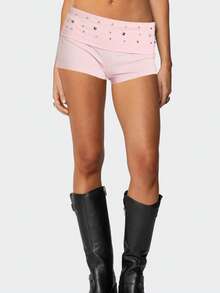 Women Y2K Studded Foldover Mini Shorts Vintage Low Waist Slim Fit Micro Shorts Going Out Party Wear - Hồng - Xem 2