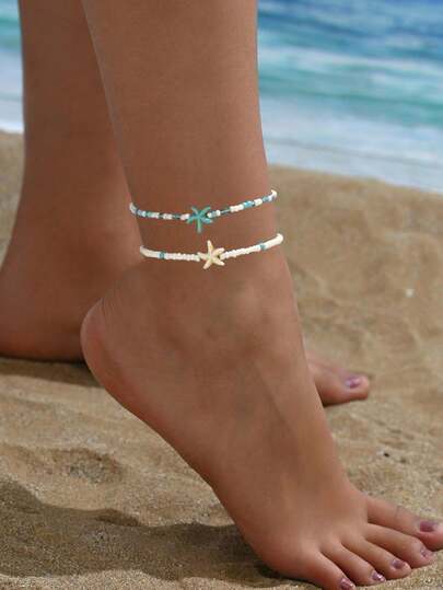 2 piezas Tobilleras versátiles de verano con estrella de mar de turquesa falsa en contraste de color azul y blanco con cuentas, adecuadas para atuendos diarios y de playa de mujeres