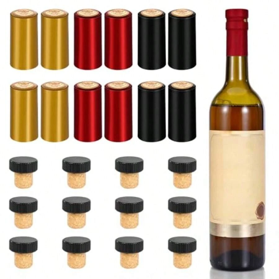 30 Pcs Wine Sealer For Wine Bottles - Plastic Heat Shrink Cap With Wood Cork Stopper And Plastic Top In Brown For Wine Storage And Transport - -Đen- - Xem 1