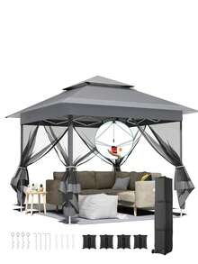 3.3x3.3 M Gazebo With 4 Mosquito Net Side Panels, One-Push Folding Gazebo, Waterproof And Stable, Double-Roof Party Tent With UV Protection 50+, Garden Gazebo With 4 Sandbags, For Patio/Market/Camping - C Gray - Xem 8