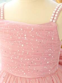 Tween Girls' Long Sequin & Mesh Bowknot Elegant Birthday Party Formal Dress, Excluding Headband - Dusty Pink - View 7