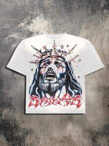 Y2K Style Jesus Icon, Praying Hands, Religious Dark Airbrush Printing Cotton T-Shirt - Soft, Breathable, 100% Pure Cotton Fabric - Comfortable And Energetic Summer Street Style Short Sleeved T-Shirt, Cool Design Retro Summer Men's Daily Wear T-Shirt,Men's Casual, Comfortable, Fashionable T-Shirt, Street Style Cotton T-Shirt - 白色 - 查看 2