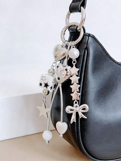 新款星心串珠包包挂饰，朋克风钥匙扣，时尚装饰配件，多功能钥匙链，金属珠链，个性表达，适用于背包、钱包、装饰、派对、学校、服装
