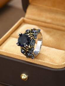 1 chiếc nhẫn Zirconia tổng hợp màu xanh dương, hình vuông lớn, đính lá và dây leo màu vàng, kiểu Marquess, quà tặng đính hôn, quà tặng kỷ niệm, nhẫn sang trọng cho các bữa tiệc và trang phục thường ngày, hoàn hảo để tặng bạn bè. - nhẫn - Xem 5