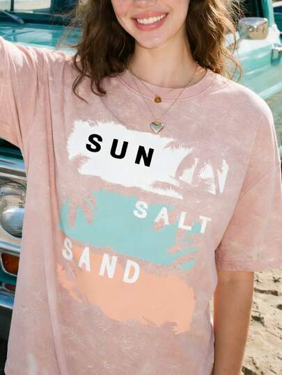 夏季阳光盐沙扎染圆领宽松短袖海岛风撞色印花T恤，简约时尚，适合日常、度假、假日穿着