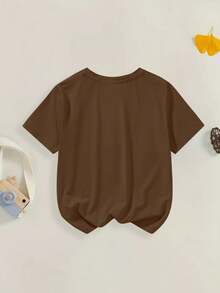 Kaos Lengan Pendek Kasual Leher Bulat dengan Cetakan Huruf Senyum untuk Remaja Perempuan, Lembut dan Nyaman, Cocok untuk Musim Semi/Panas - Coklat - View 3