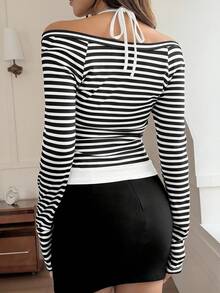 GLOpass 休闲条纹蕾丝边撞色V领二合一女式上衣，系带长袖T恤，适合日常通勤 - 黑與白 - 查看 3