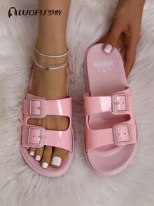 New Fashionable Women Outdoor Casual Double Buckle Thick Bottom EVA Comfortable Slippers, Waterproof Anti-Slip Indoor Slippers - 粉色 - 查看 8