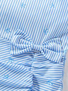 女童蝴蝶结条纹荷叶边吊带连衣裙，时尚甜美，适合外出和夏季穿着 - 藍色 - 查看 5