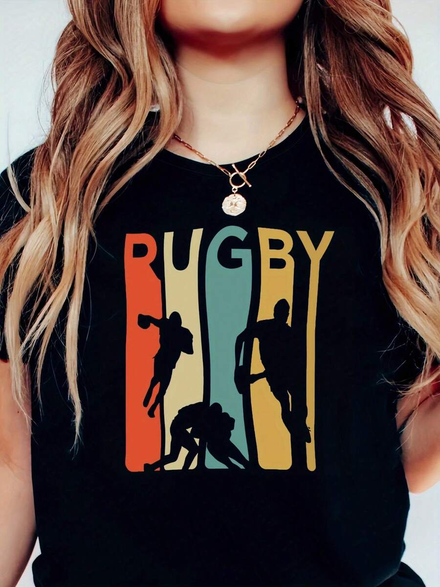 Women Vibrant Rugby Graphic Tee Casual Round Neck Short Sleeve Stretchy Machine Washable Perfect For Spring Summer Sports And Leisure Casual WearVibrant Graphic TeePolyester Fabric - Black - View 1