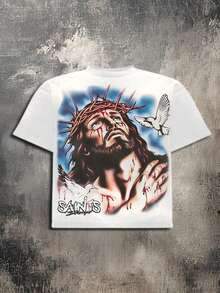 Y2K Style Jesus Crucifixion, Religious Redemption, American Airbrush Printing Cotton T-Shirt - Soft, Breathable, 100% Pure Cotton Fabric - Comfortable And Energetic Summer Street Style Short Sleeved T-Shirt, Cool Design Retro Summer Men's Daily Wear T-Shirt,Men's Casual, Comfortable, Fashionable T-Shirt, Street Style Cotton T-Shirt - 白色 - 查看 2