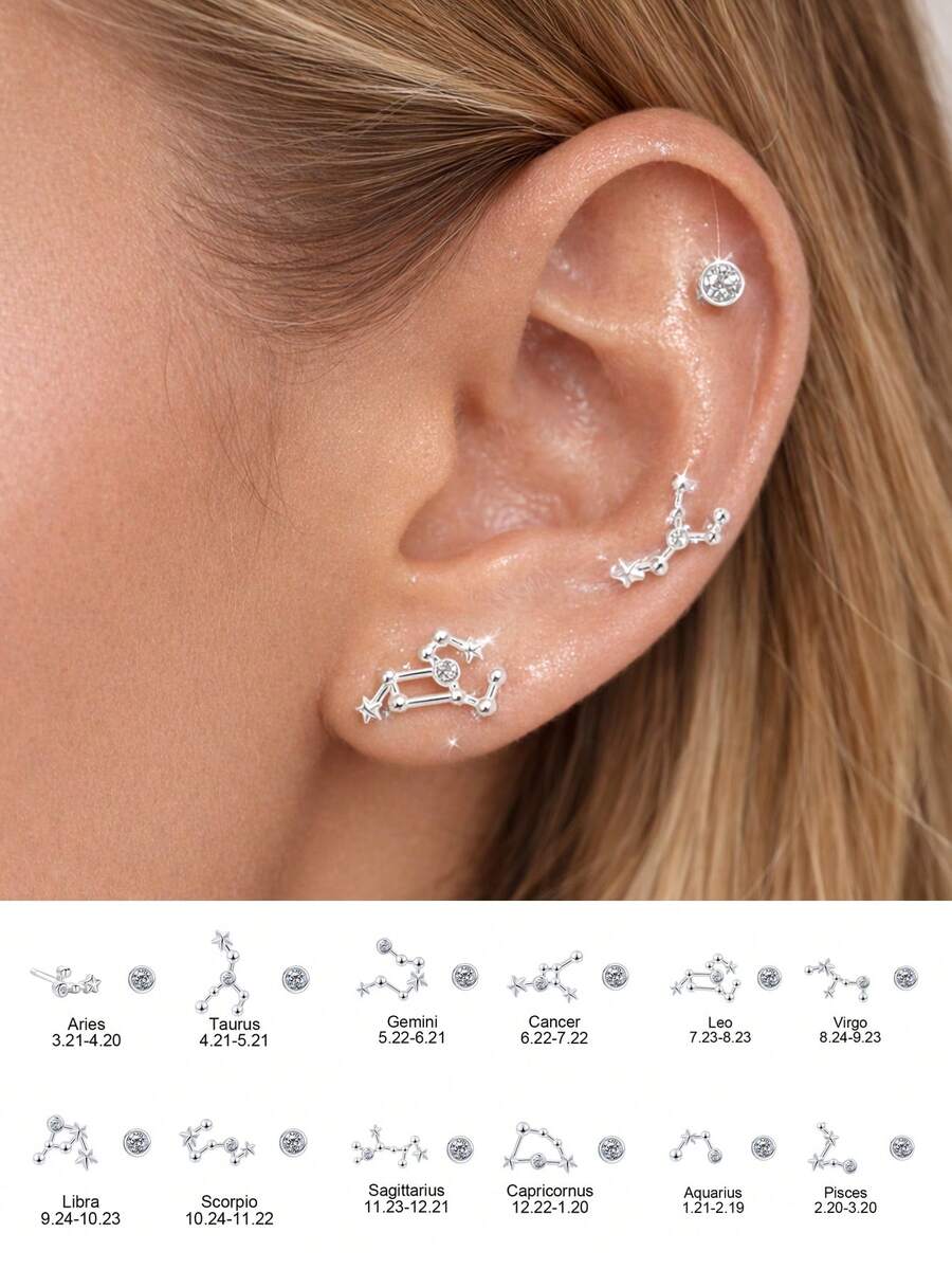 1 Pair 925 Sterling Silver 12 Zodiac Signs Earrings, Birthday Gift For Women & Girls - Zodiac Earrings - View 1