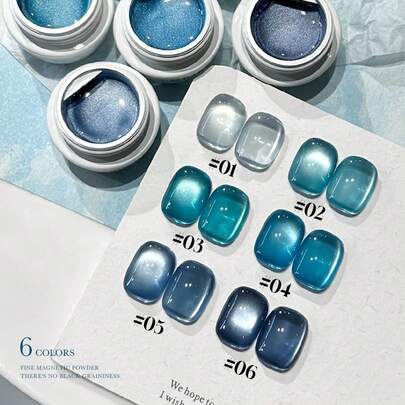 10毫升/瓶 岛屿猫眼6色蓝色玻璃猫眼凝胶指甲油，流行冰透明蓝色猫眼指甲油，适用于脚趾甲的指甲护理产品，蓝色指甲，UV灯美甲