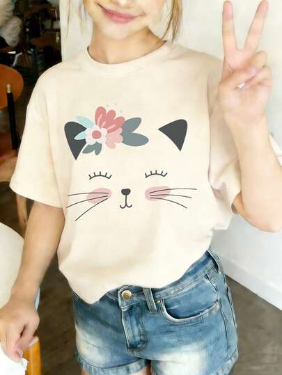 Casual T-shirt met grafische print, ronde hals en korte mouwen voor tienermeisjes, zomertop