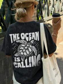 夏季新款休闲扎染海龟字母印花圆领短袖T恤，时尚百搭女式上衣 - 黑色 - 查看 1