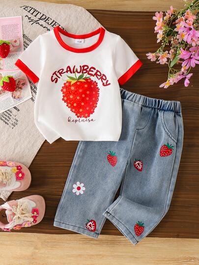 2pcs Baby Girl Fashion Floral & Strawberry Letter Print Colorblock Short Sleeve T-Shirt Top And Strawberry Floral Denim Long Pants Set