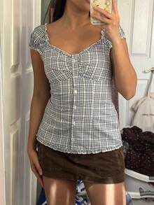 Women Y2k Fairy Grunge Shirts Puff Sleeve Button-Up Ruffle Hem Babydoll Tops Coquette Aesthetic Tee Shirt - Màu xanh lam - Xem 3