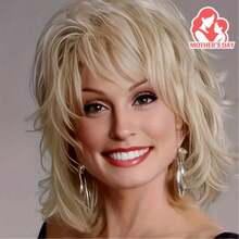 14" Light Golden Layered Soft Fiber Wig For Women - Heat-Resistant 130% Density Curly Wave Rose Net Cap, Elegant Daily & Party Wig For Middle-Aged/Elderly, Halloween, Mom Gift, Hair Wig - Gold - View 3