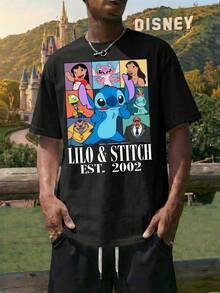 This 2-Piece Men's White Crew Neck Short-Sleeved T-Shirt And Drawstring Shorts Set Features Disney's Lilo And Stitch Lettering And A Stitch Graphic From Lilo & Stitch. This Breathable And Comfortable Summer Casual Set Makes A Great Gift For Men. - Đen + Đen - Xem 1