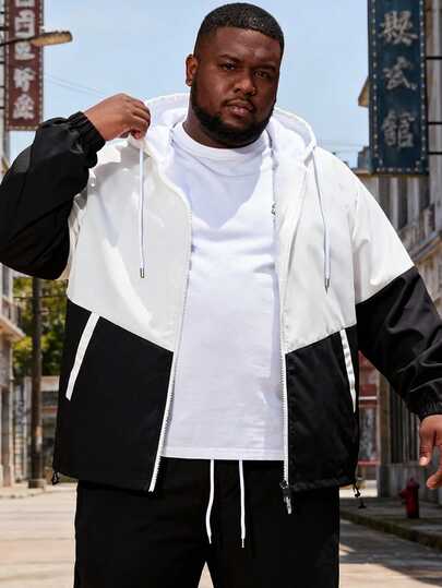 Plus Size Men's Color Block Drawstring Hooded Zip-Up Casual Jacket, Suitable For Spring