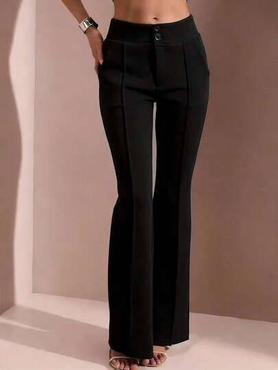 1件装女士时尚简约纯色纽扣优雅休闲喇叭裤，性感精致微喇叭裤，高腰显瘦休闲裤，适合春夏日常办公穿着