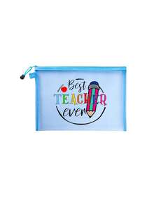 1pc Teacher Inspirational Print Makeup Bag, Unisex Adult Size, White, Polyester Material, Odorless, Mesh Pocket, Letter & Floral Print Zipper Cosmetic Bag For Women, Transparent Mesh Storage Pouch, Portable Foldable Organizer Bag, Minimalist Shopping Bag, Teacher's Day Gift, Teacher Appreciation, Sister Gift, Best Teacher Gift, Birthday Gift, Anniversary Gift, Graduation Gift, Valentine's Day, Ramadan Gift Make Up Organizer Toiletry Bag Skincare Bag Wash Bag Toiletry Travel Bag Vacation Essentials Travel Bags For Women Large Capacity Bag - Multicolor - View 10