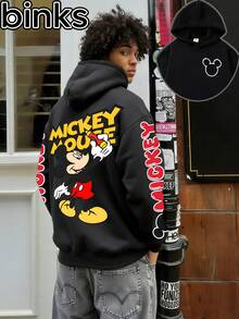 Disney Binks (Double-Sided Printing): Mickey Mouse Element Printed Hooded Sweatshirt,  Street Casual Brand Loose Pullover, Autumn And Winter Fashionable Versatile Top, Holiday Gift - Black - View 1