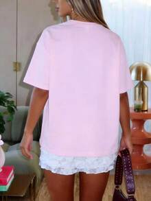 Vacation,Spring,Resort Wear Women,Spring Casual Pink Floral Print Summer Short Sleeve T-Shirt - Pink - View 2
