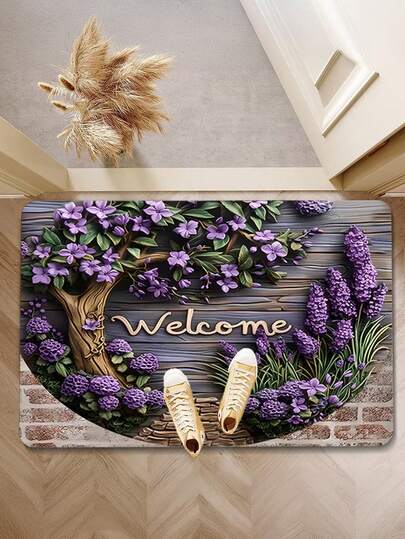 1 件装豪华半圆形入口地垫，星形底面，植物图案，半圆形室内迎宾地垫 - 100% 涤纶水晶绒，防尘，耐刮擦，亮丽马赛克图案，适合室内装饰