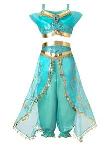 Disfraz de Princesa Jasmine para Halloween - Traje de danza del vientre con lámpara para niños - Azul - Ver 3