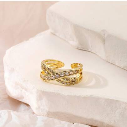 1pc Minimalist Niche Design Zirconia Ring, Fashionable Personalized Open Statement Ring For Women,Classy,Festival