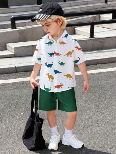 2pcs Young Boy Summer Short Sleeve Dinosaur Print Shirt And Shorts Set, Comfortable Casual Outfit