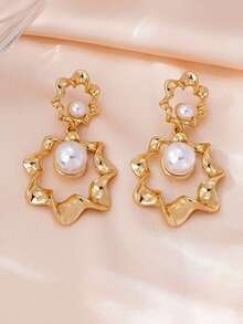 1对新款复古港式褶皱金属波浪珍珠奢华时尚优雅耳环 - 金黃色 - 查看 5