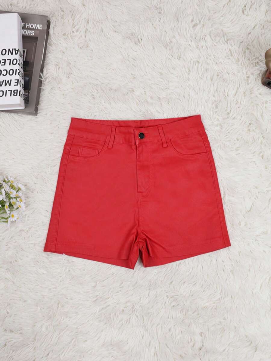 Yueweinel朋克风PU皮高腰迷你短裤，前部弹力纽扣斜插口袋设计，适合派对、生日、情人节、音乐节等场合，春夏女装