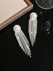 Luxury Bridal Silver Crystal Faux Pearl Tassel Earrings, Long Crystal Pendant Drop Earrings Suitable For Wedding, Bridesmaid, Wedding Guest, Party, Prom - 1697 Earrings - View 7