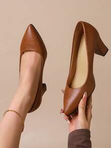 Women's New Chunky Heel High Heels, Elegant & Fashionable Pointed Toe High Heels Suitable For Office, Wedding, Commute, Party - Brown - View 14