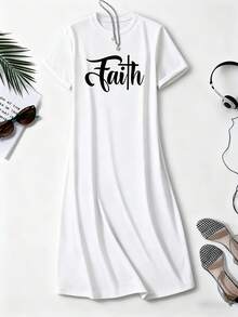 Belief Letter Print A-Line Dress - Soft And Breathable Casual Women's Clothing Spring And Summer, Round Neck Short-Sleeved Long Dress, Gray Gradient Fashion Cursive Design, Washable Fabric - Overseas Heat Transfer Print ZFT3 - 白色 - 查看 6