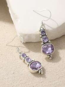 1 Pair Classic & Elegant Women's Earrings, Inlaid With Purple Cubic Zirconia, Round Pendant Earrings, Suitable For Wearing On Holidays And Weddings, Refined Feminine Accessory, Ideal Holiday Gift - Violet Purple - View 6