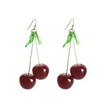 1 par de pendientes colgantes de cereza con hojas verdes, pendientes de resina con diseño de frutas lindos y de dibujos animados para estudiantes - cereza - Ver 4
