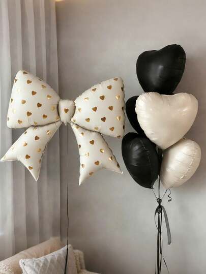38インチ ゴールドホイル ハート柄 リボン付きアルミバルーン 6個セット、18インチ クリーム ブラック ハートバルーン、誕生日パーティー、結婚記念日、ブライダルシャワーの装飾に適しています