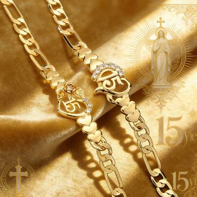 1 chiếc vòng tay đồng cao cấp, trang sức thanh lịch, trang sức tôn giáo cho sinh nhật lần thứ 15, vòng tay dây xích hình trái tim đính đá Cubic Zirconia cho nữ, phổ biến ở Mỹ Latinh và Châu Âu, món quà tuyệt vời cho Giáng sinh và Lễ Tạ ơn.