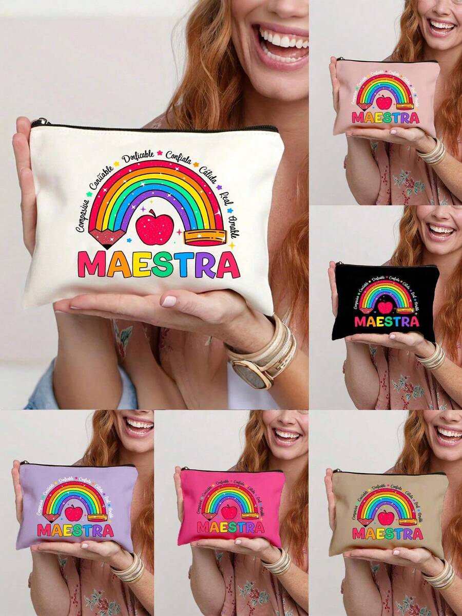 Mehrfarbige Maestra Buchstaben & Regenbogen Apfel Muster Kosmetiktasche, süße Tasche mit großer Kapazität, tägliche Toilettenartikel Make-up Tasche, multifunktionale Aufbewahrungstasche, leichte Reise-Handtasche, exquisites Geschenk, Reise-Souvenir für Freunde, unverzichtbare Reise-Aufbewahrungstasche, geeignet für Arbeit, Rückkehr zur Schule, Reisen, Picknick, Camping, Outdoor-Abenteuer, Valentinstag Geschenk