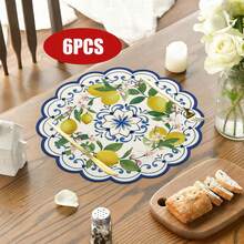 1 pieza/Set, Limón, Azul, Mantel individual redondo de lino para primavera/verano, 38cm, Decoración de mesa de cocina y comedor de temporada, Decoración del hogar de primavera/verano, Primavera, Decoración del hogar para bodas - Multicolor - Ver 8