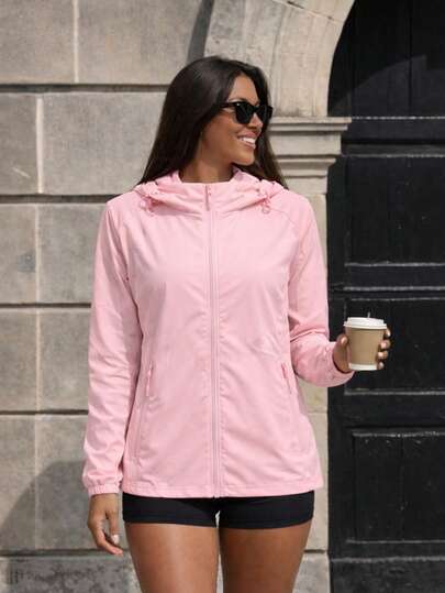 Jaqueta Feminina de Malha Fria com Capuz Removível – Leve, Respirável e com Bolsos academina corrida  Casual    Bolso    Tecido de malha    Escola  Férias  viagem  Roupas de aeroporto    verão inverno