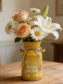 Vintage Sunshine Yellow Iron Vase. The Warm Yellow Tone Echoes The Sunny Slogan, Making The Vase Full Of Vitality, As If It's A Lively Little Item Brought Back From A Seaside Market. Inserting African Marigolds Can Create A Vibrant And Sunny Balcony Focal Point, While Using Plumeria Can Evoke A , Relaxing Vacation Feel, Suitable For Various Energetic Settings. - Double-eared Pot - View 7
