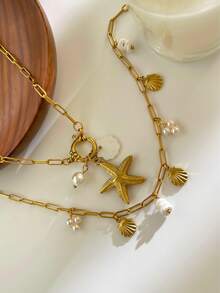 Monlansher 新款夏季海洋风多吊坠不锈钢项链，贝壳珍珠吊坠项链，时尚百搭，休闲度假日常佩戴 - 金色 - 查看 5